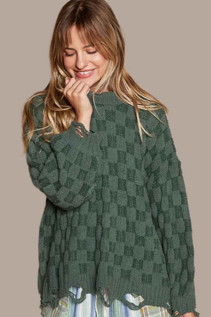 POL Checkered Distressed Edge Sweater In Forest Green