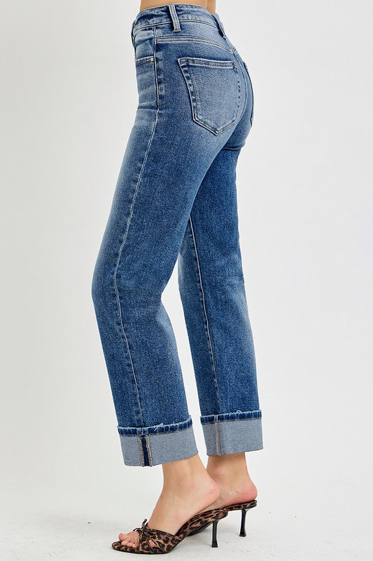 RISEN High Rise Crop Straight Roll Up Jeans In Dark Wash