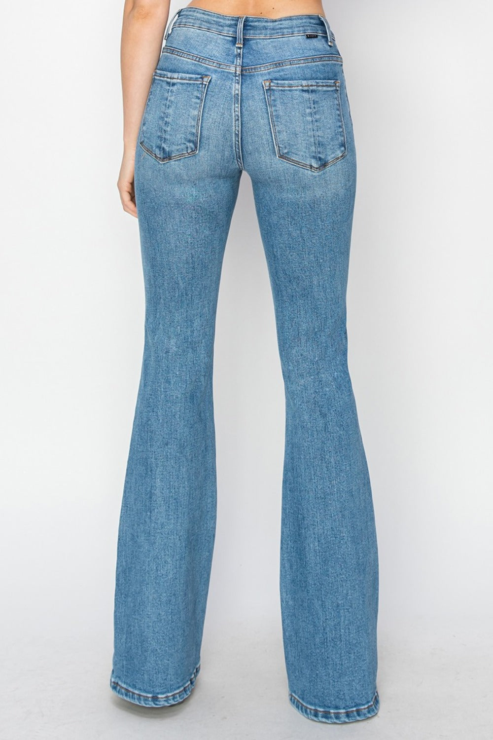 RISEN Mid Rise Flare Jeans with Pockets In Medium Wash