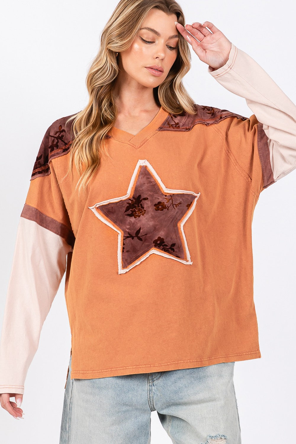 SAGE + FIG Star Patch Long Sleeve Color Block Top In Rust