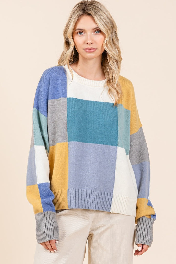 Mittoshop Color Block Round Neck Sweater In Seafoam