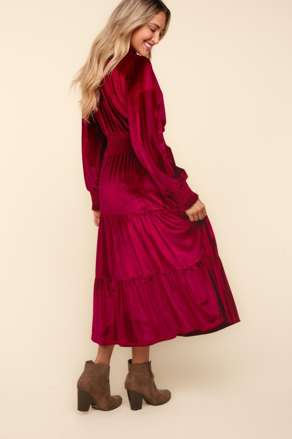 Haptics Mock Neck Smocked Waist Velvet Tiered Dress In Burgundy