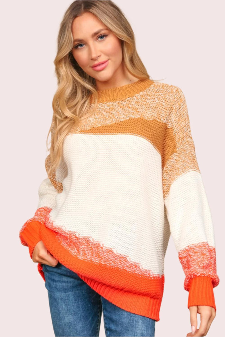 Haptics Color Block Long Sleeve  Sweater In Camel