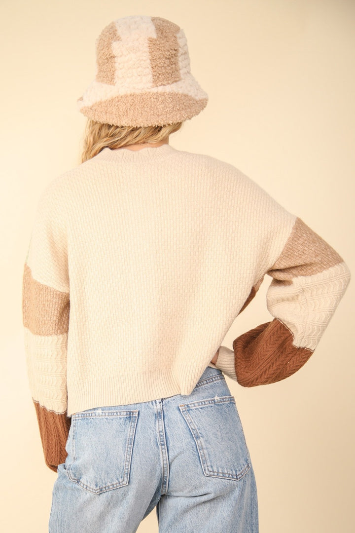 VERY J Color Block Button Down Textured Sweater Cardigan In Oatmeal