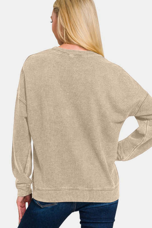 Zenana Washed Dropped Shoulder Sweatshirt In Khaki