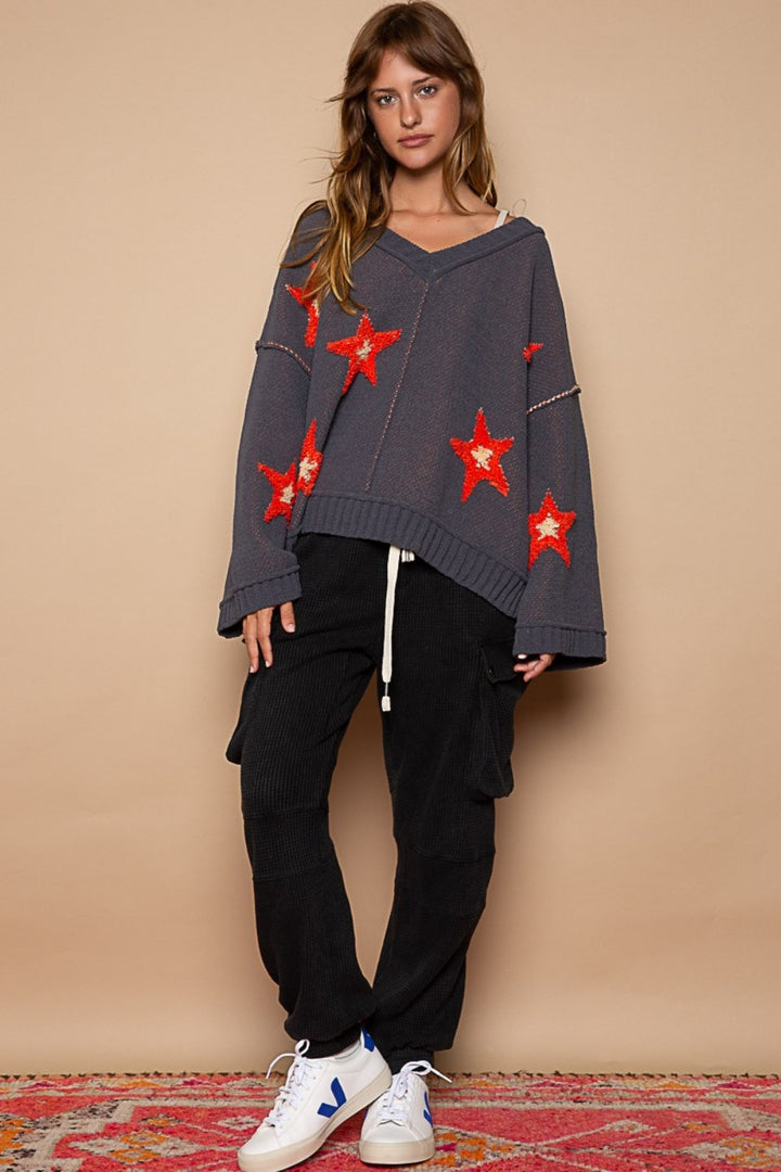 POL Long Sleeve Star Patch Sweater In Charcoal