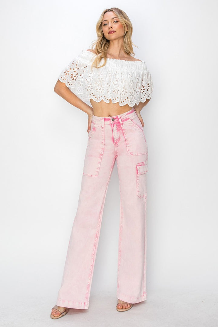 RISEN Blow Pop High Rise Wide Leg Cargo Pocket Jeans