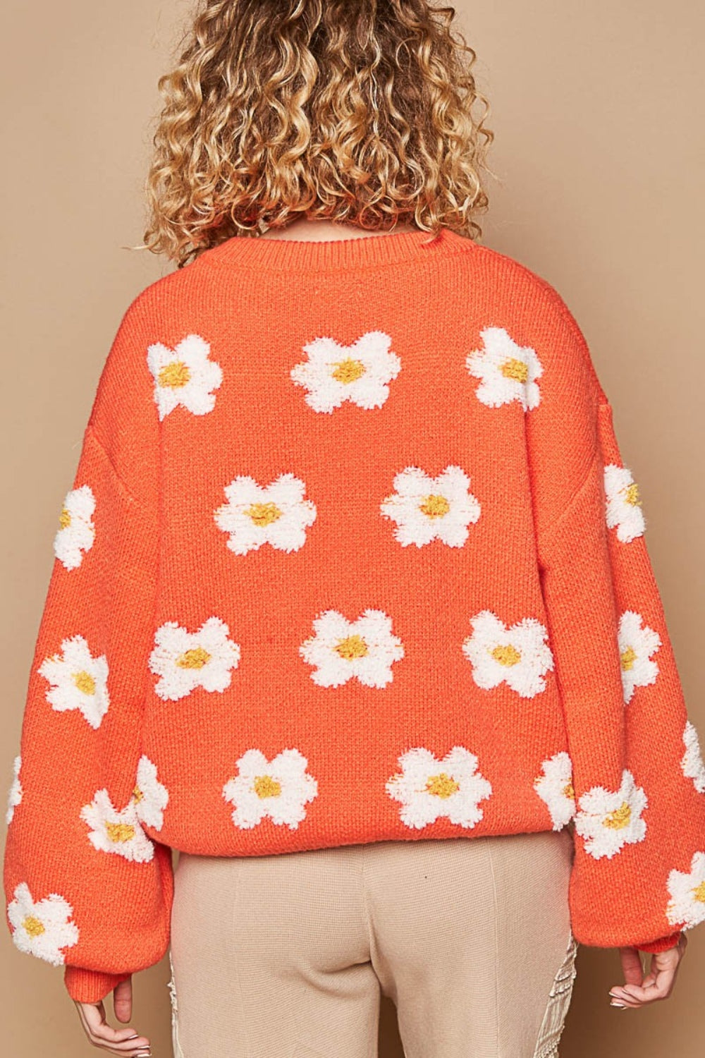 POL Daisy Pattern Drop Shoulder Sweater In Sun Orange