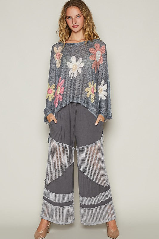 POL Flower Dropped Shoulder Knit Top In Charcoal