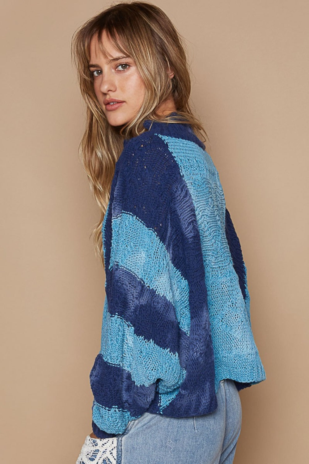 POL Mock Neck Color Block Sweater In Blue