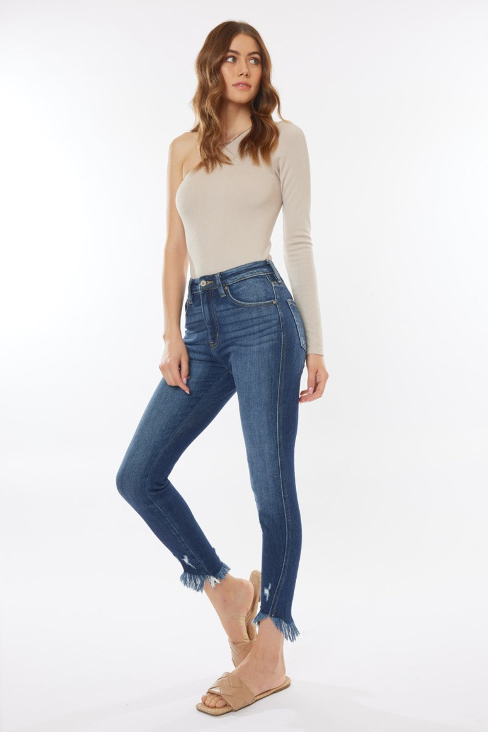 Kancan Raw Hem High Waist Cropped Jeans In Dark Wash