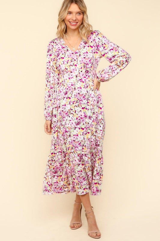 Haptics Floral V-Neck Long Sleeve Dress with Side Pockets In Lilac