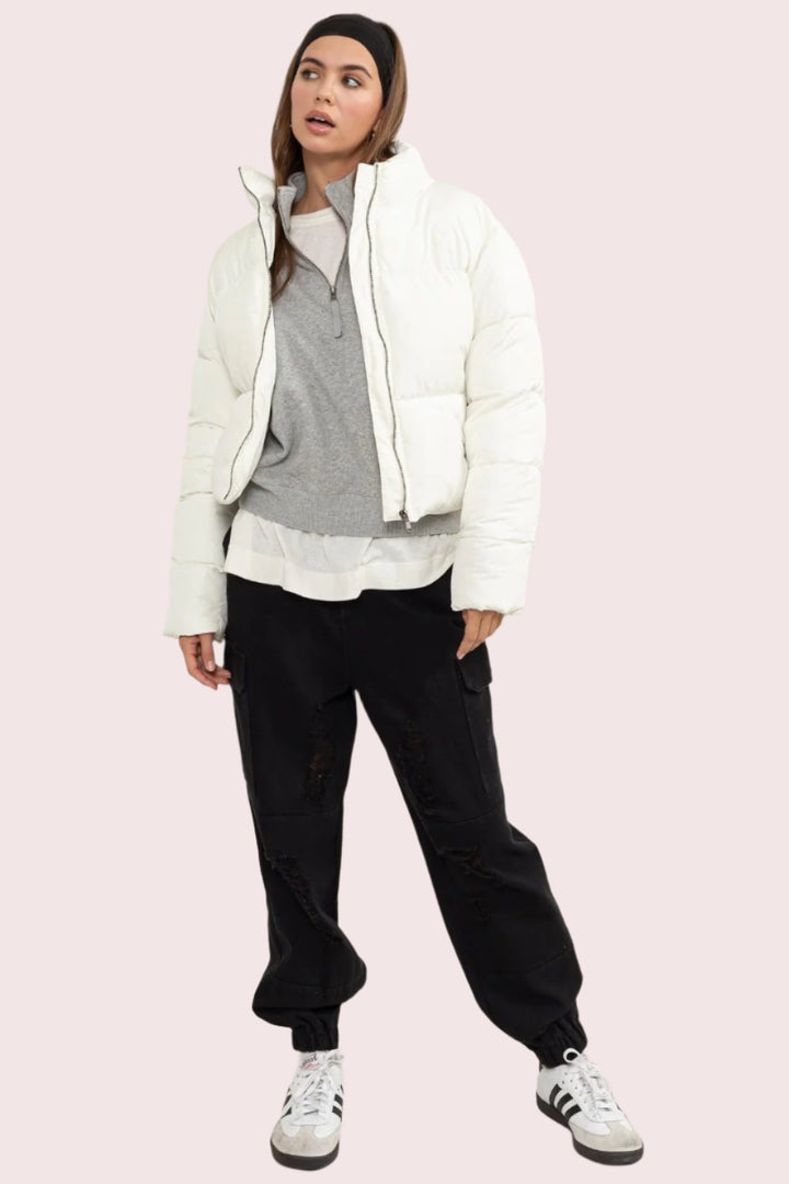 HYFVE Quilted Back Drawstring Puffer Jacket In Cream