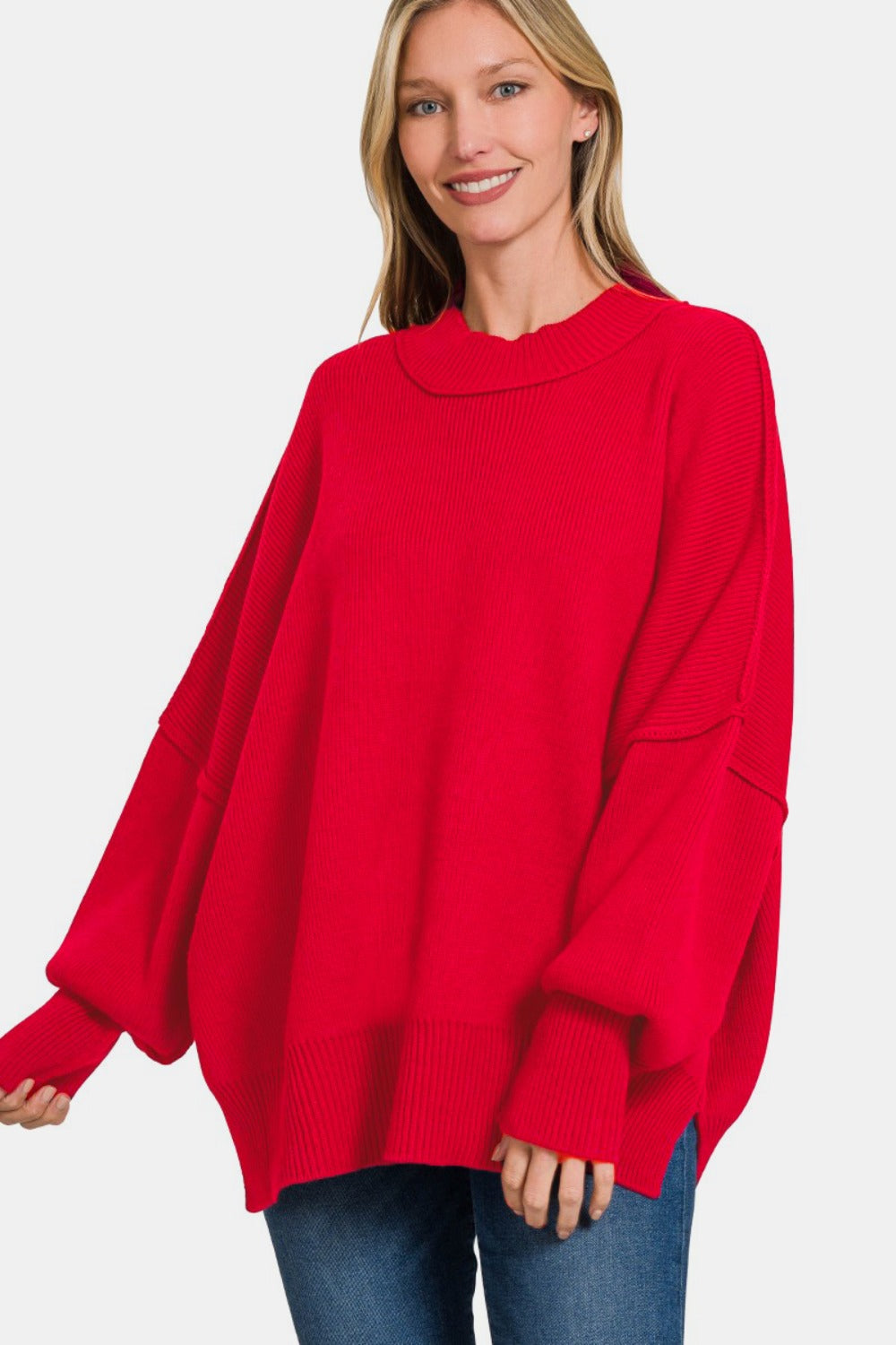 Zenana Side Sit Oversize Sweater In Ruby