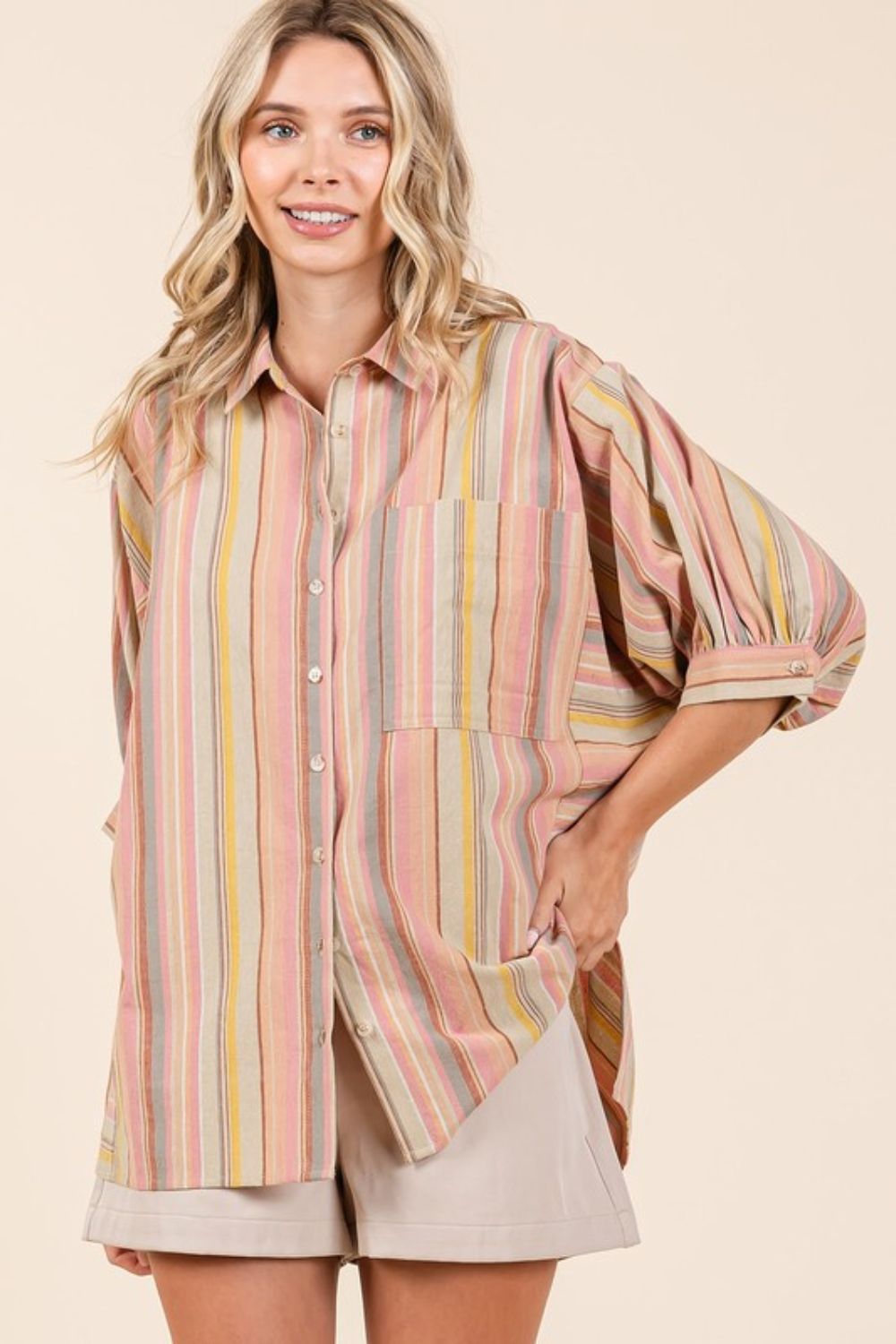 Mittoshop Striped Bubble Sleeve Button Down Top In Multicolor