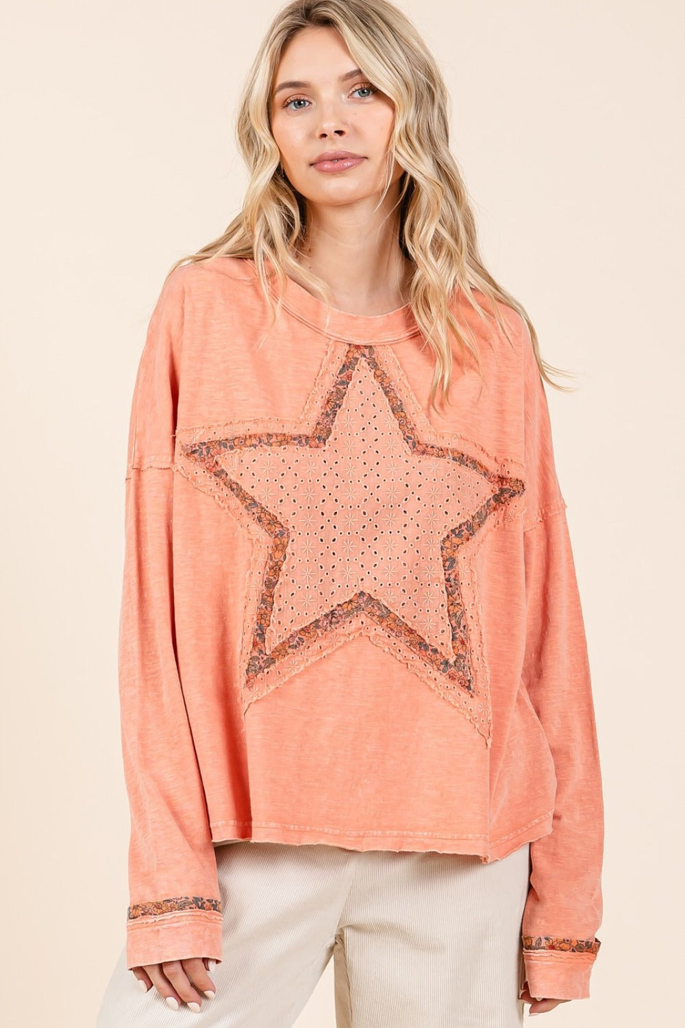 Mittoshop Mineral Wash Star Patch Long Sleeve T-Shirt In Coral Cream