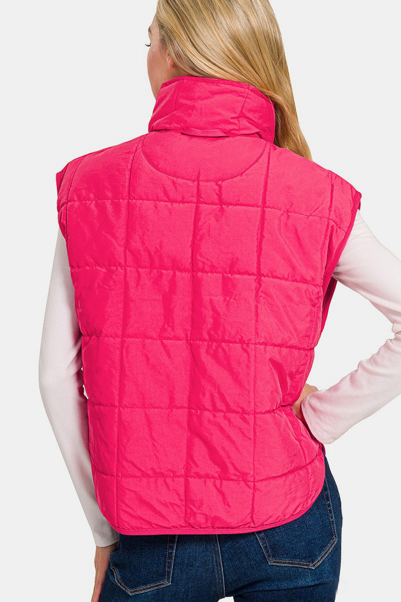 Zenana Zip Up Cropped Puffer Vest with Pockets In Hot Pink