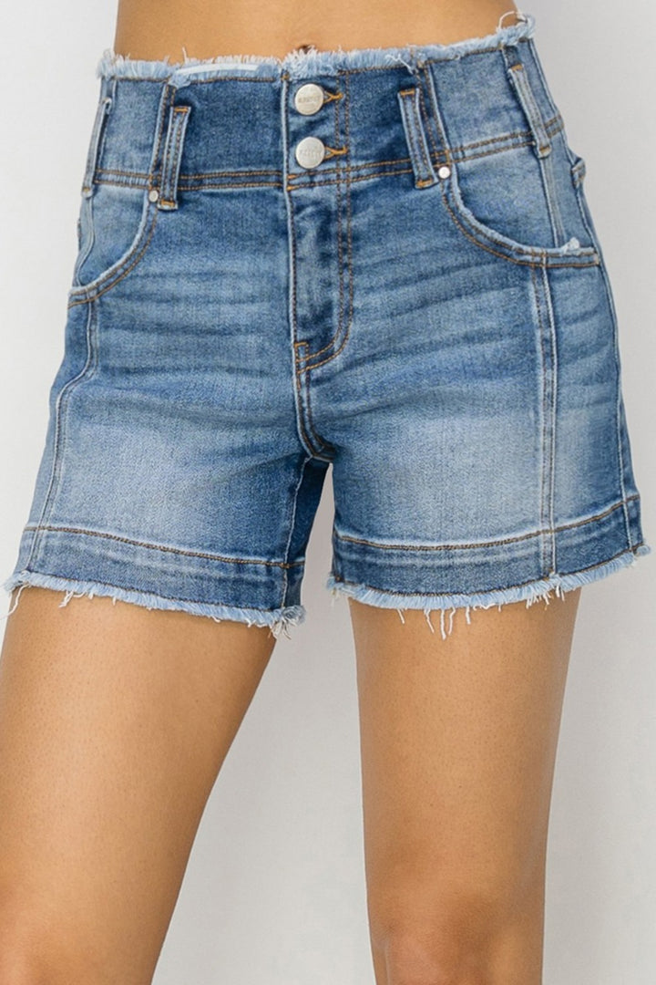 RISEN Julia High Rise Seam Detailed Raw Edge Denim Shorts