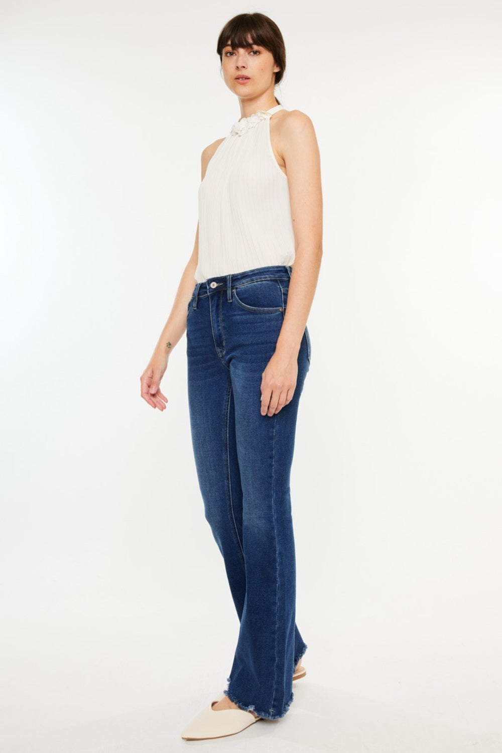 Kancan Cat's Whiskers Raw Hem Flare Jeans In Dark Wash