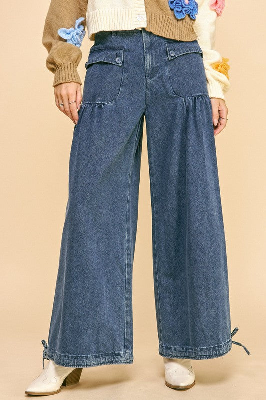 Davi & Dani Drawstring Hem Wide Leg Mid Rise Jeans In Medium