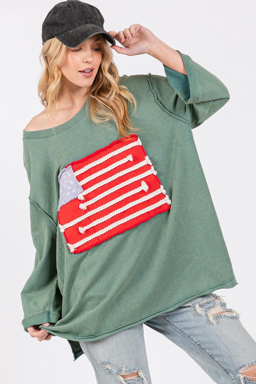 SAGE + FIG American Flag Patch Drop Shoulder Top In Teal