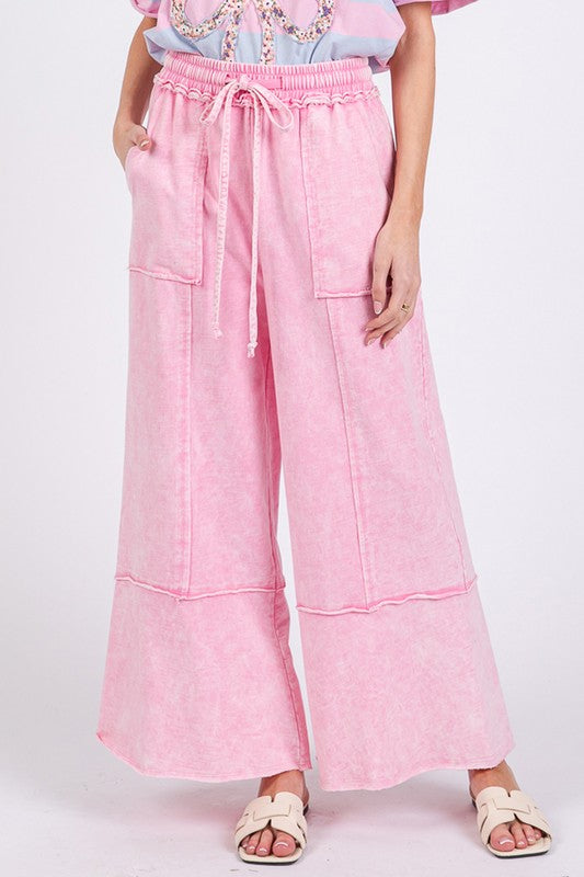 SAGE + FIG Mineral Washed Terry Wide Leg Pants In Pink