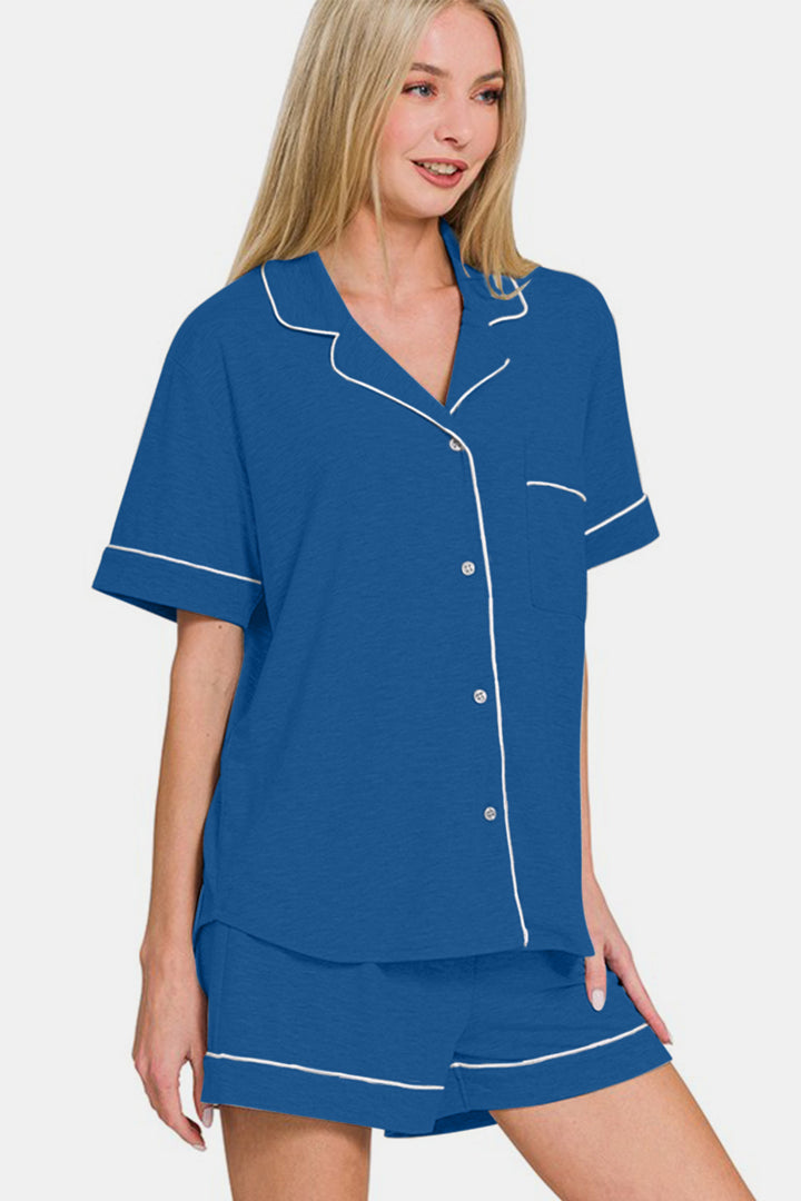 Zenana Button Down Top and Shorts Lounge Set In Classic Blue