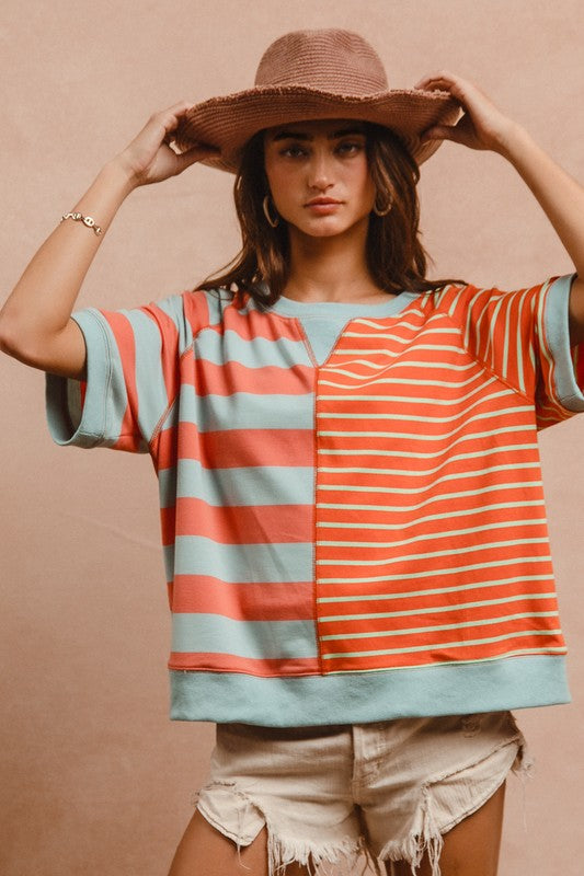 BiBi Striped French Terry Top In Coral