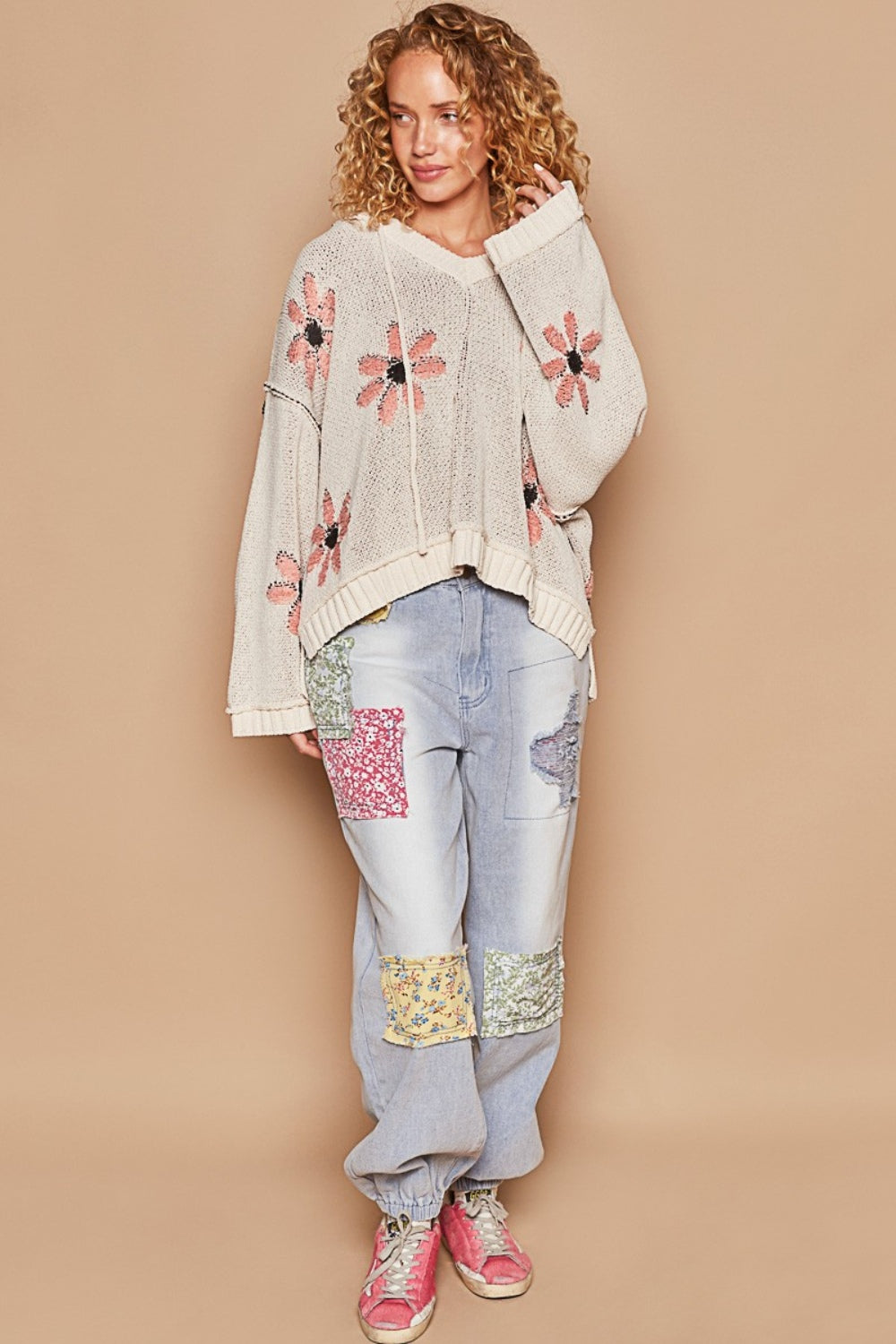 POL Floral Pattern Hooded High-Low Sweater In Pale Almond