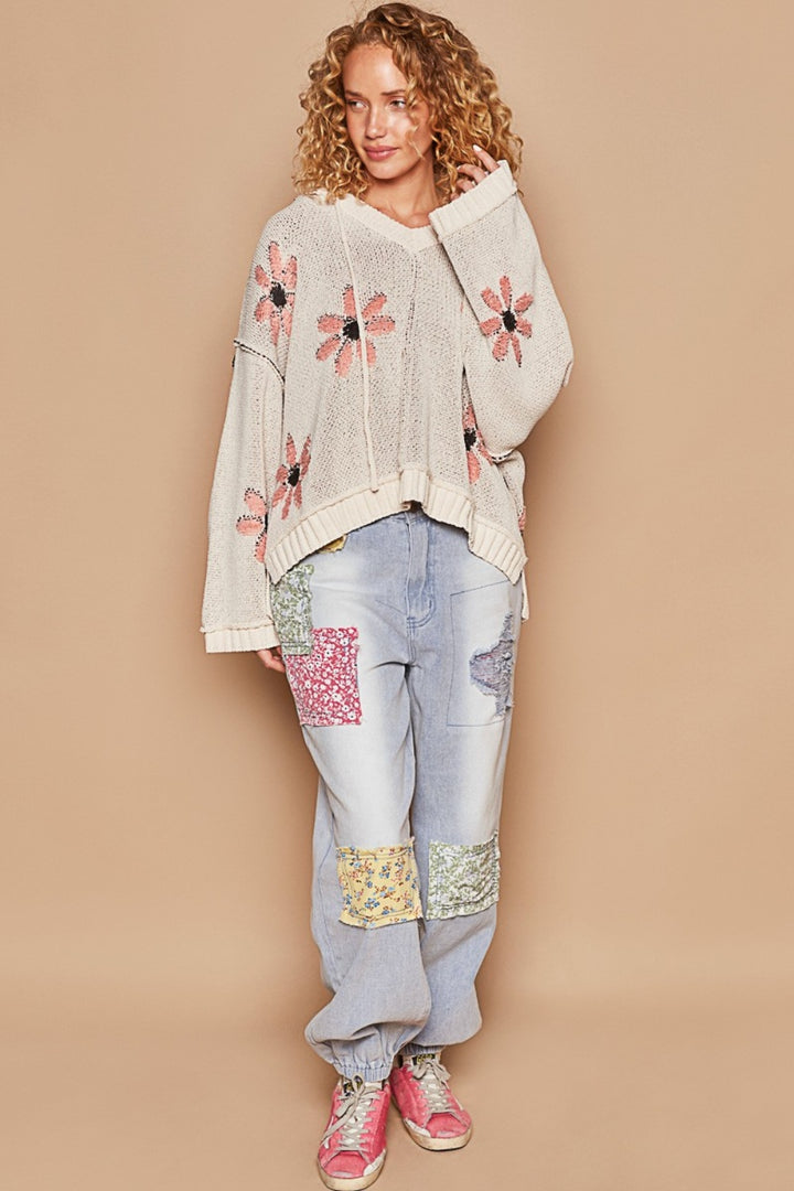 POL Floral Pattern Hooded High-Low Sweater In Pale Almond