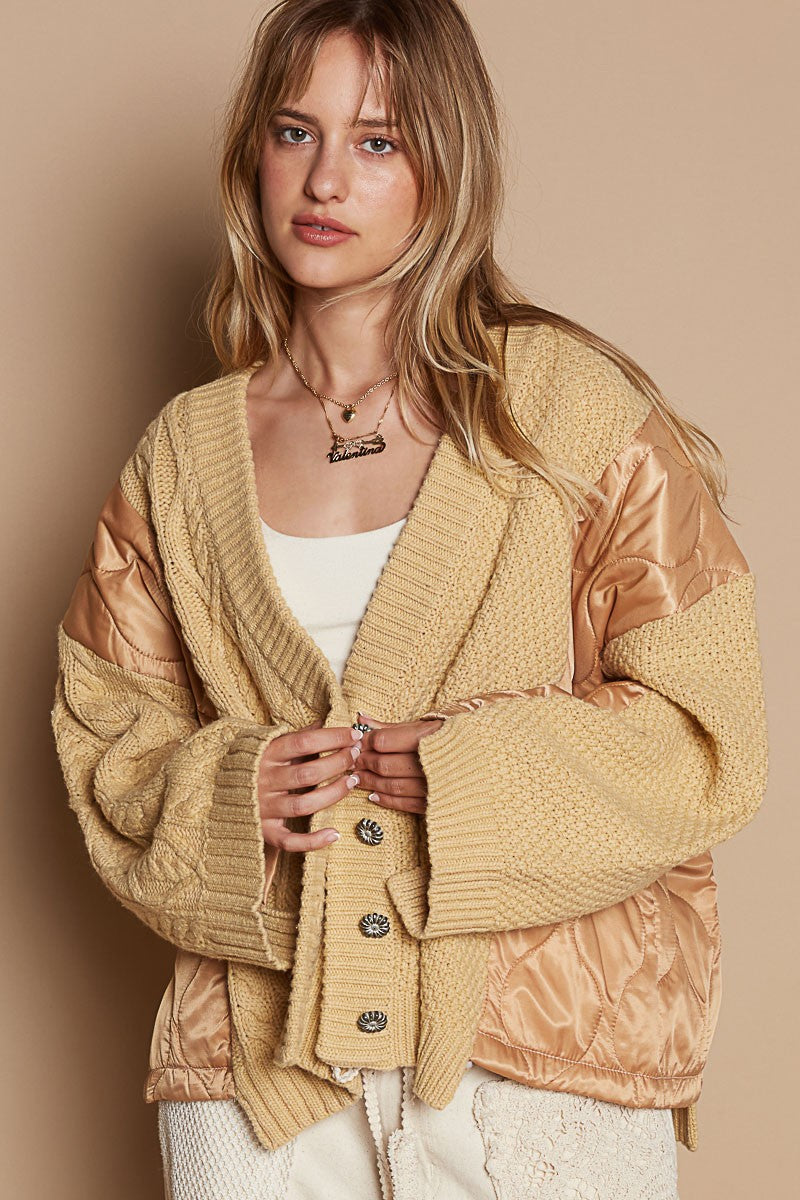 POL Quilting Patch Button Up Cable Knit Jacket In Camel