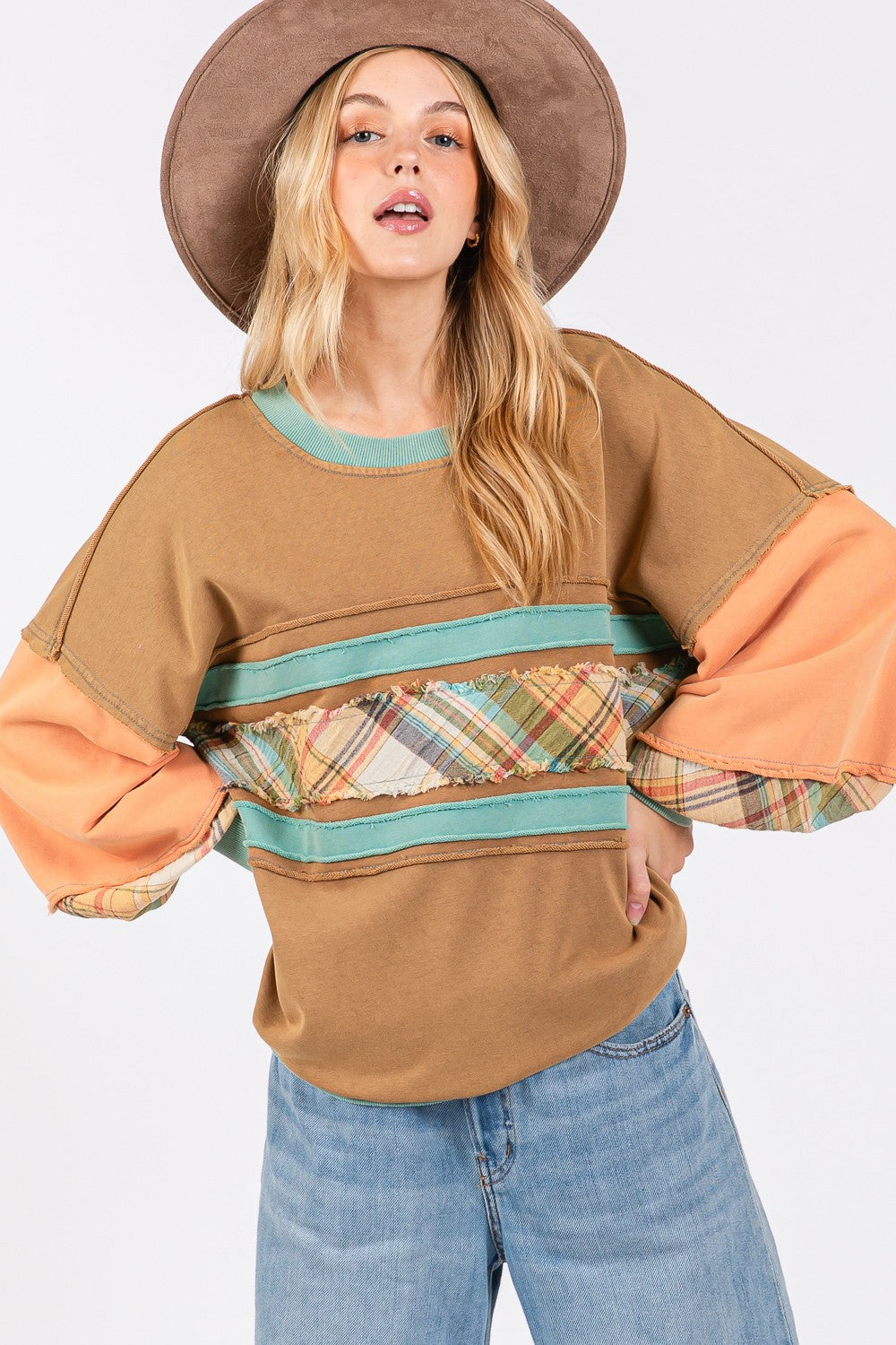 SAGE + FIG Mineral Wash Raw Edge Color Block Sweatshirt In Hazelnut