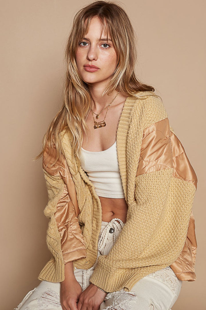 POL Quilting Patch Button Up Cable Knit Jacket In Camel