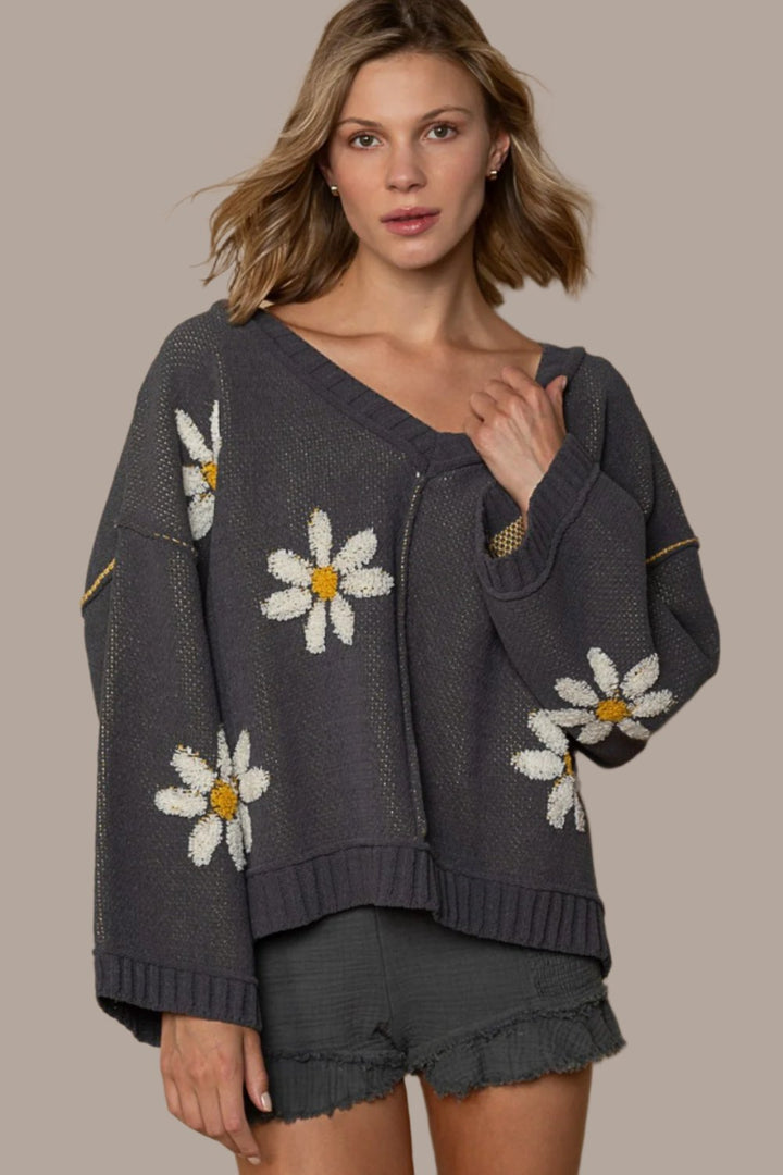 POL V-Neck Floral Pattern Chenille Sweater In Charcoal