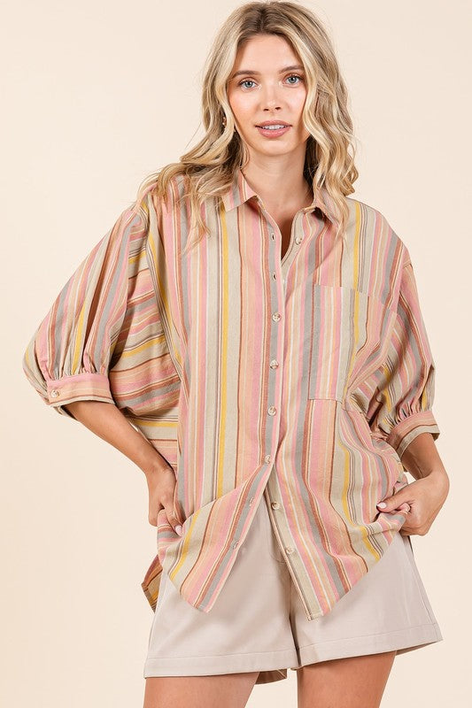 Mittoshop Striped Bubble Sleeve Button Down Top In Multicolor