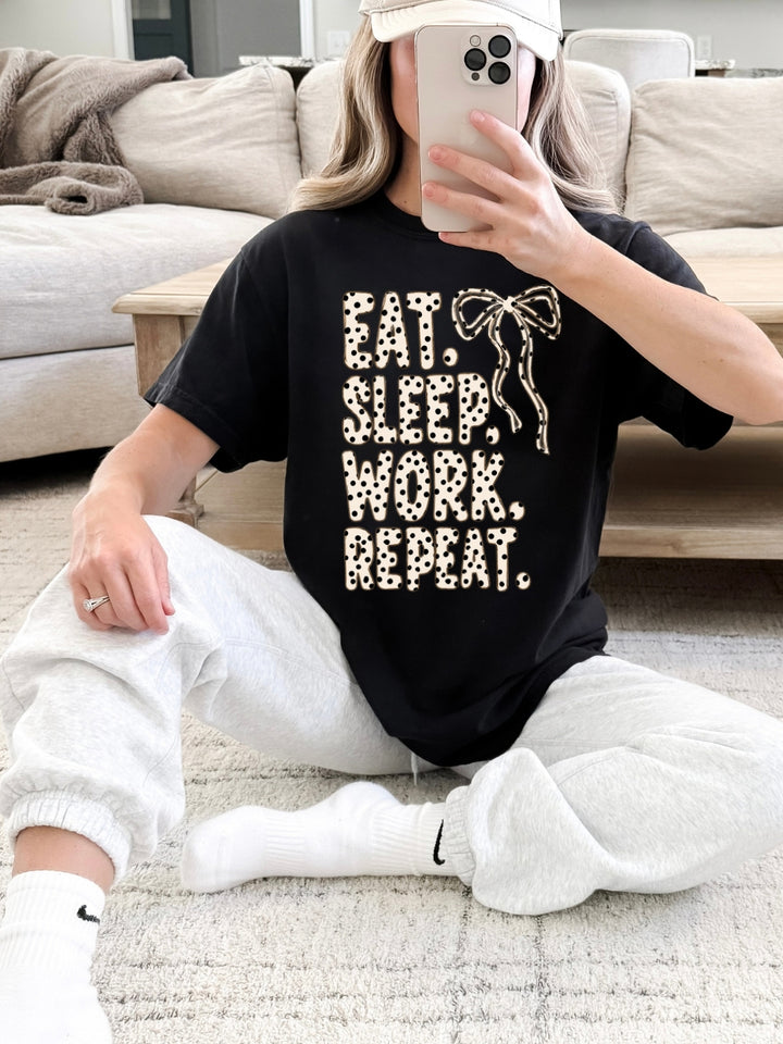 Retro Polka Dot Eat Sleep Work Repeat Comfort Colors Graphic Tee