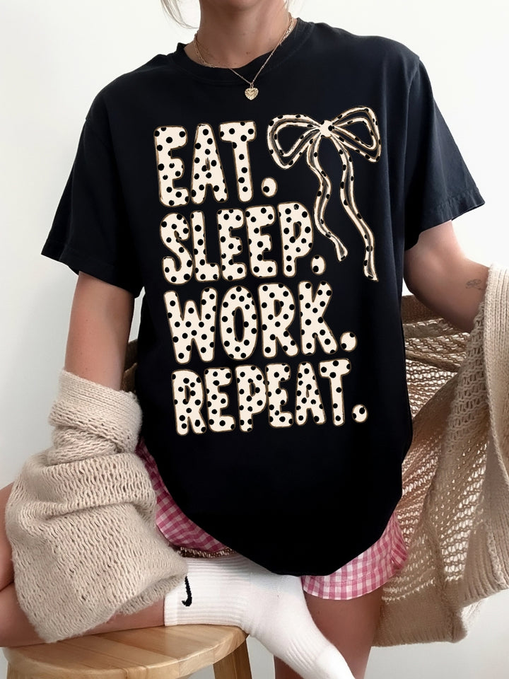 Retro Polka Dot Eat Sleep Work Repeat Comfort Colors Graphic Tee