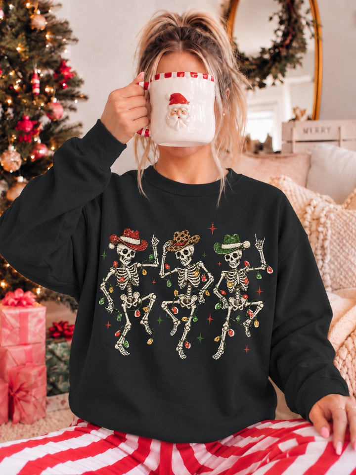 Christmas Cowboy Dancing Skeletons Graphic Crewneck Sweatshirt