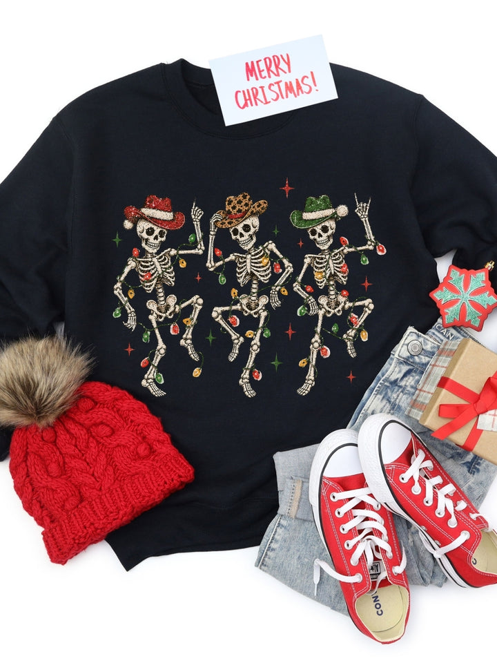 Christmas Cowboy Dancing Skeletons Graphic Crewneck Sweatshirt