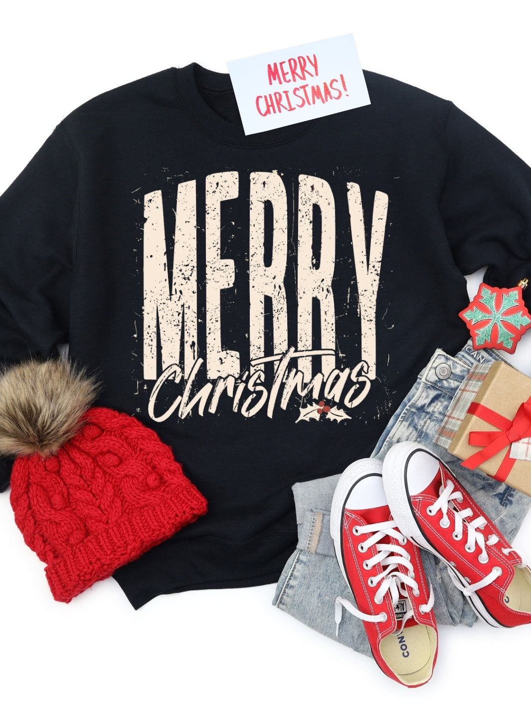 Merry Christmas Distressed Graphic Crewneck Sweatshirt