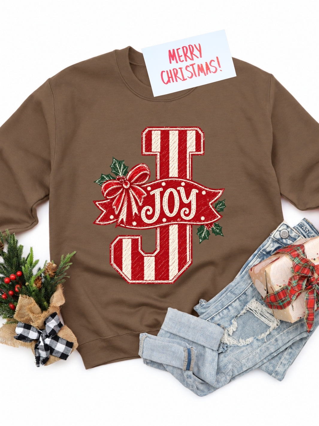 Christmas Joy Stripes And Polka Dots Graphic Crewneck Sweatshirt