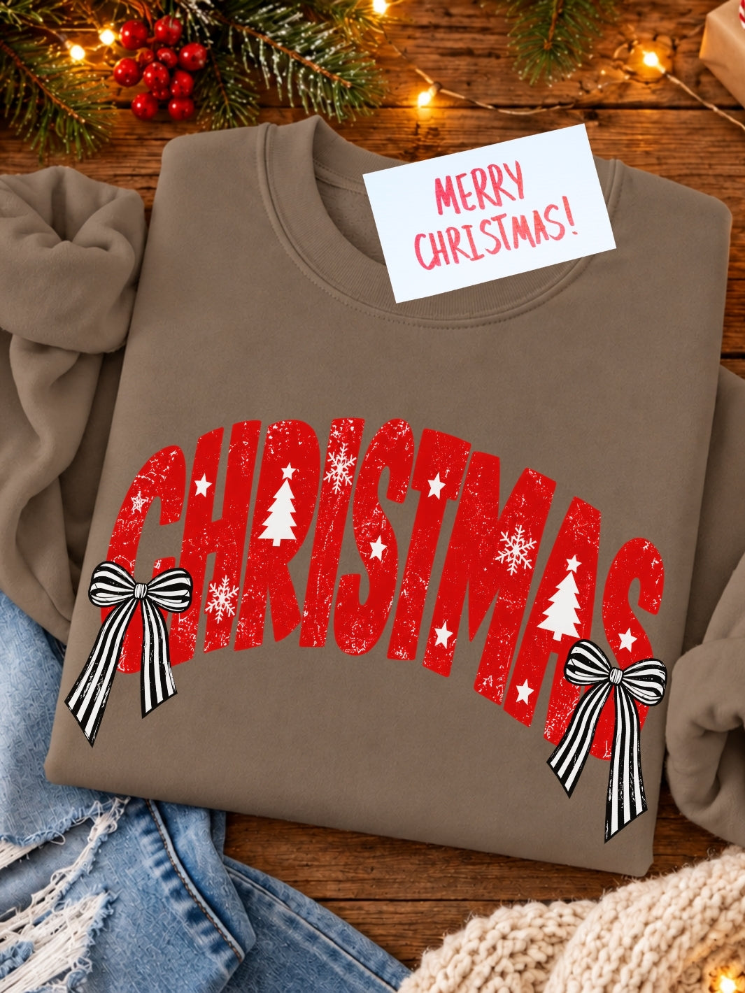 Christmas And Bows Graphic Crewneck Sweatshirt
