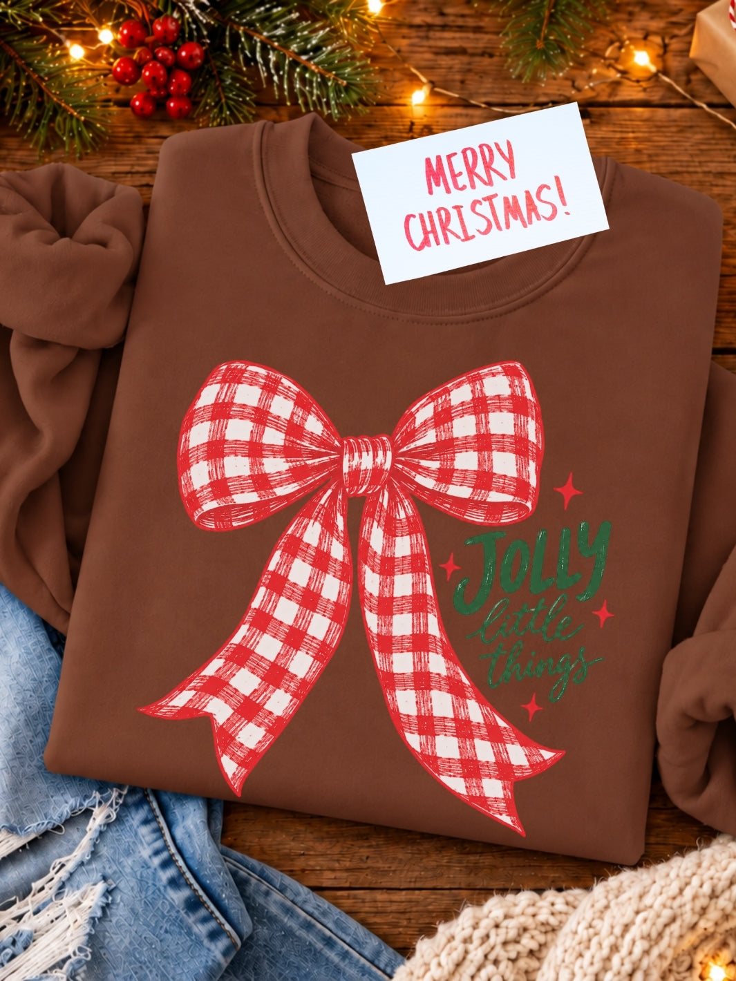 Jolly Little Things Checkered Bow Graphic Crewneck Sweatshirt