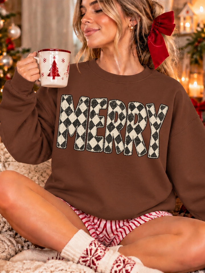 Retro Merry Christmas Checkered Graphic Crewneck Sweatshirt