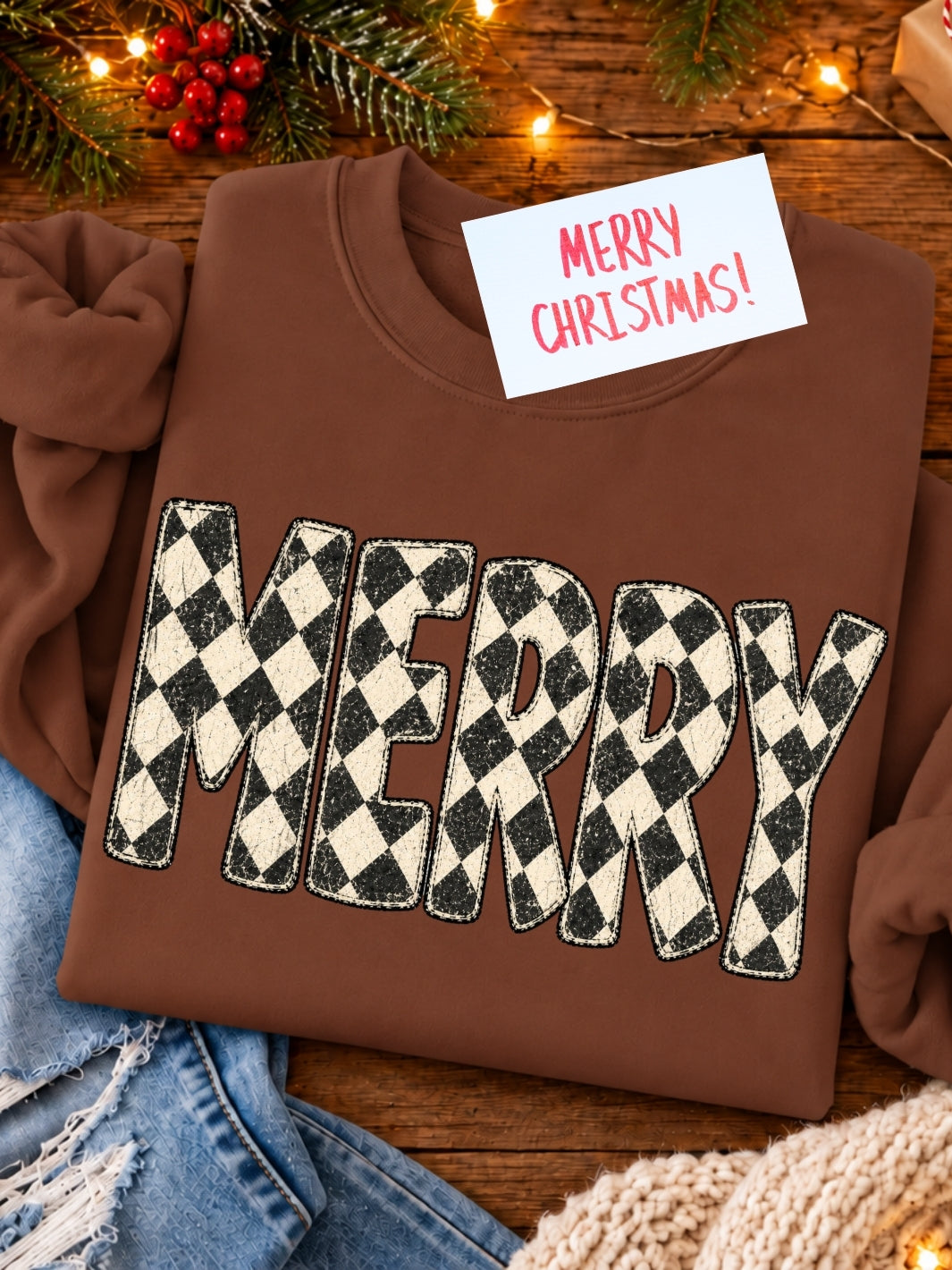 Retro Merry Christmas Checkered Graphic Crewneck Sweatshirt