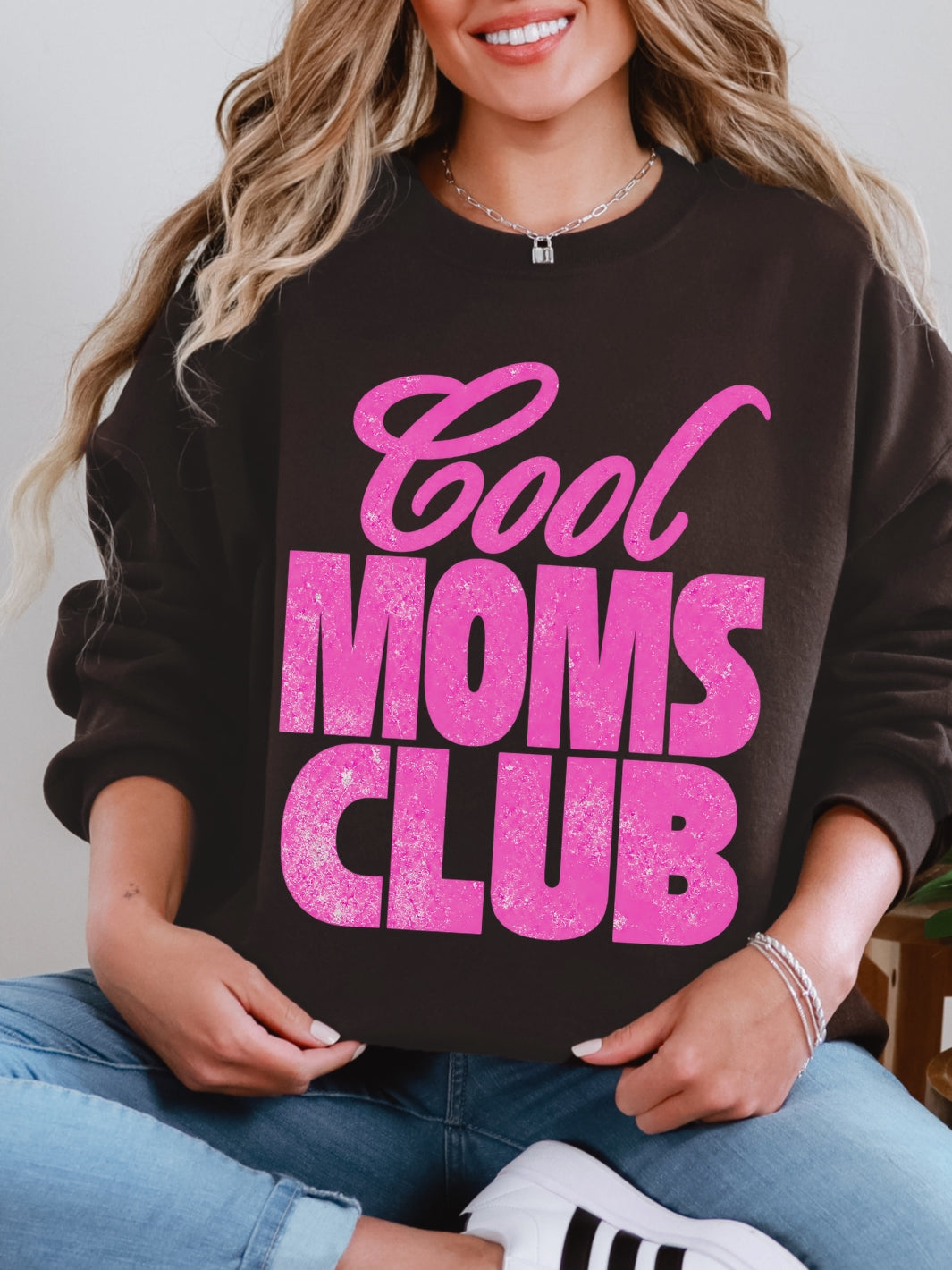 Retro Hot Pink Distressed Cool Moms Club Graphic Crewneck Sweatshirt