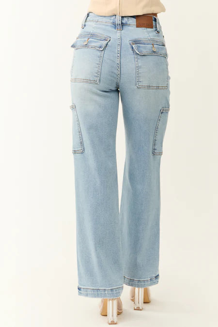 Judy Blue High Waist Straight Cargo Jeans In Light Wash