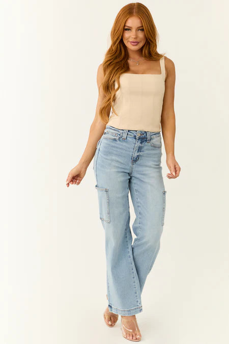 Judy Blue High Waist Straight Cargo Jeans In Light Wash