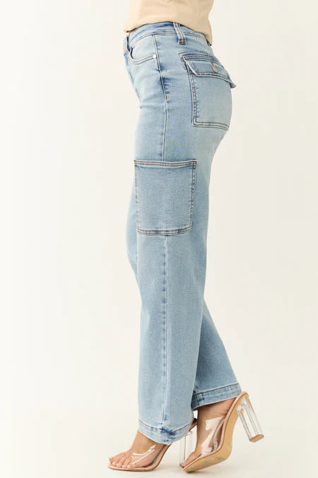 Judy Blue High Waist Straight Cargo Jeans In Light Wash