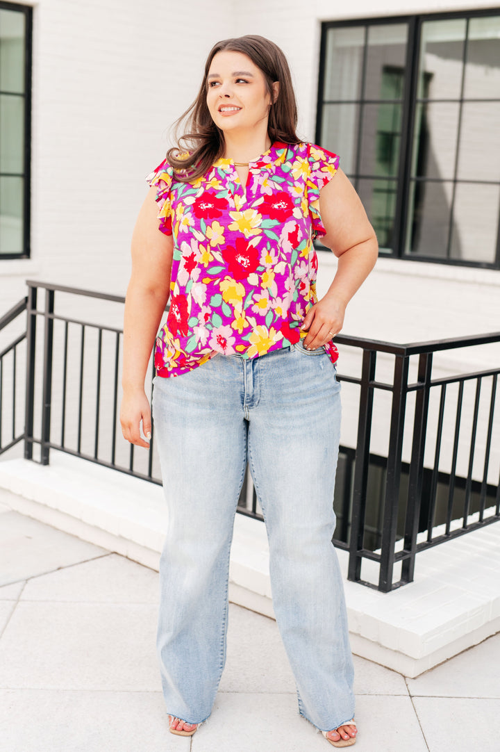 Lizzy Flutter Sleeve Top in Magenta and Yellow Floral